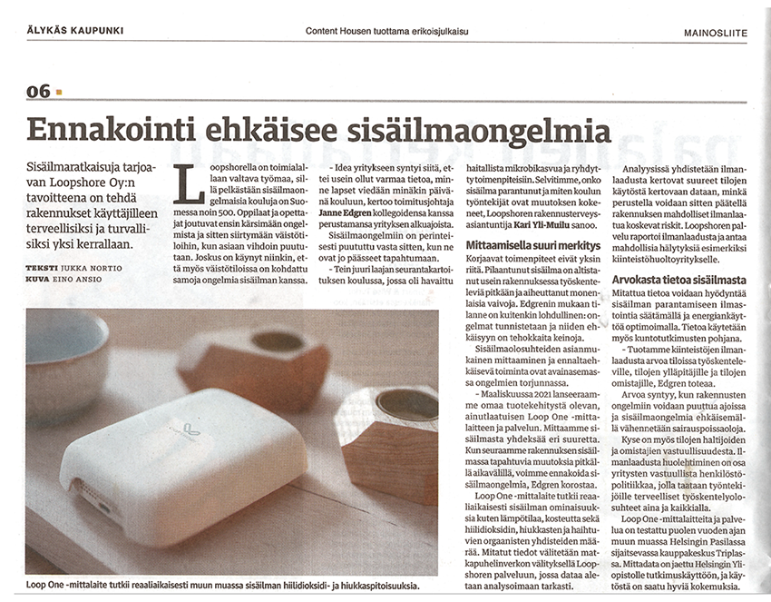 Lehtileike Helsingin Sanomista otsikolla Ennakointi ehkäisee sisäilmaongelmia
